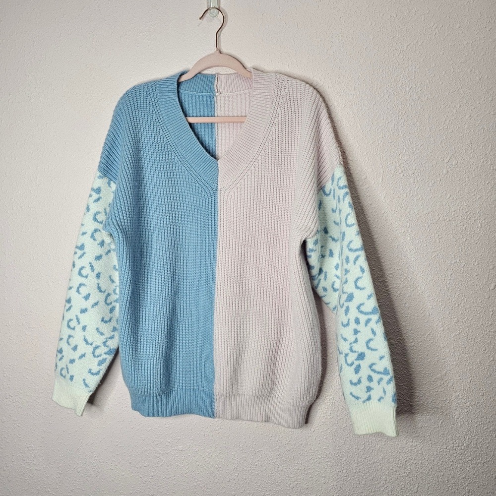 Colorblock Leopard V Neck Long Sleeve Sweater Women's XL Pastel Chunky Knit